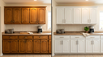 Before and after: Painting existing kitchen cabinets is one of the most cost-effective ways to refresh your kitchen. Combined with updated hardware, it can create a brighter, more modern look without the expense of a full remodel.